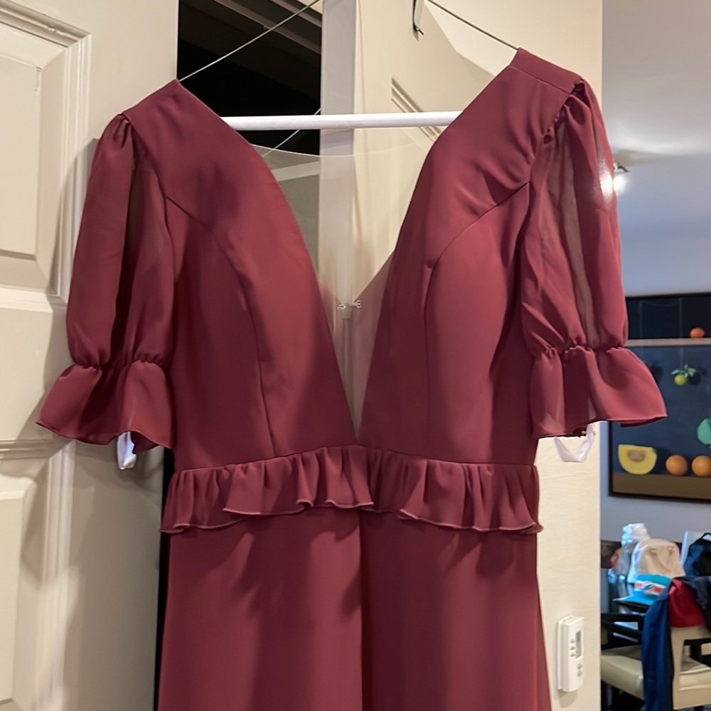 Harley Chiffon Dress from Revelry. Color is merlot